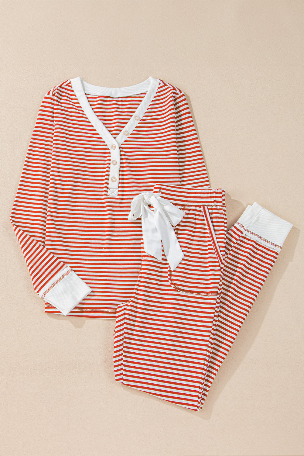 Red stripped buttoned V necked top and knotted waist pants lounge set