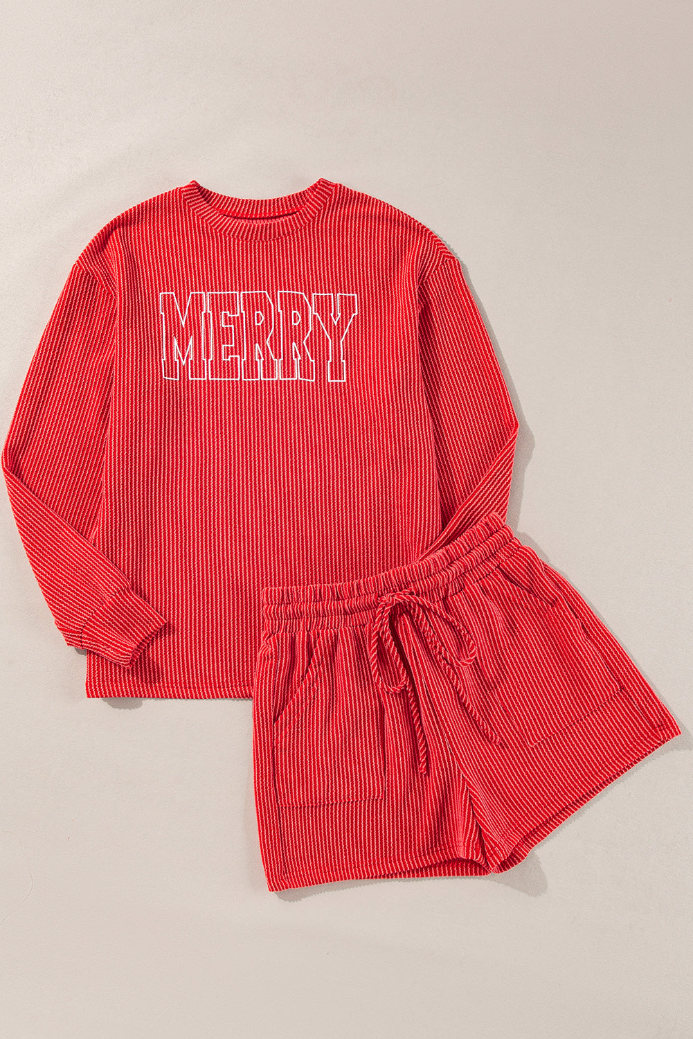 Red Corded MERRY Graphic long sleeve top and shorts set