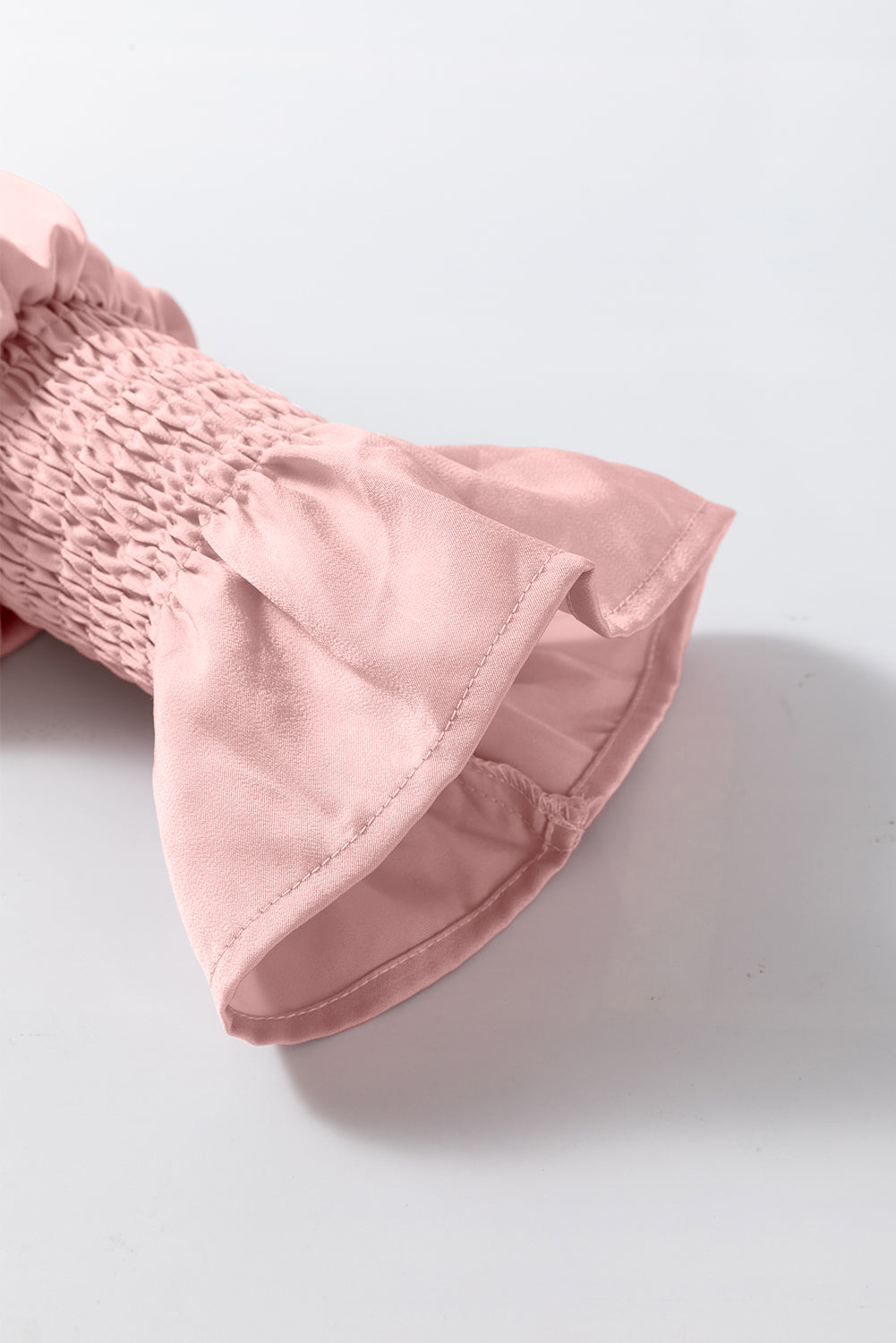 Apricot pink Pleated Round Neck Flounce Sleeve Satin Blouse