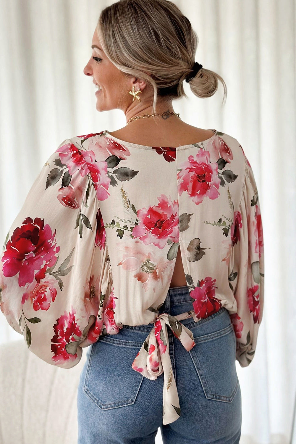 Rose Floral 3/4 Sleeve Lace-Up Back Blouse