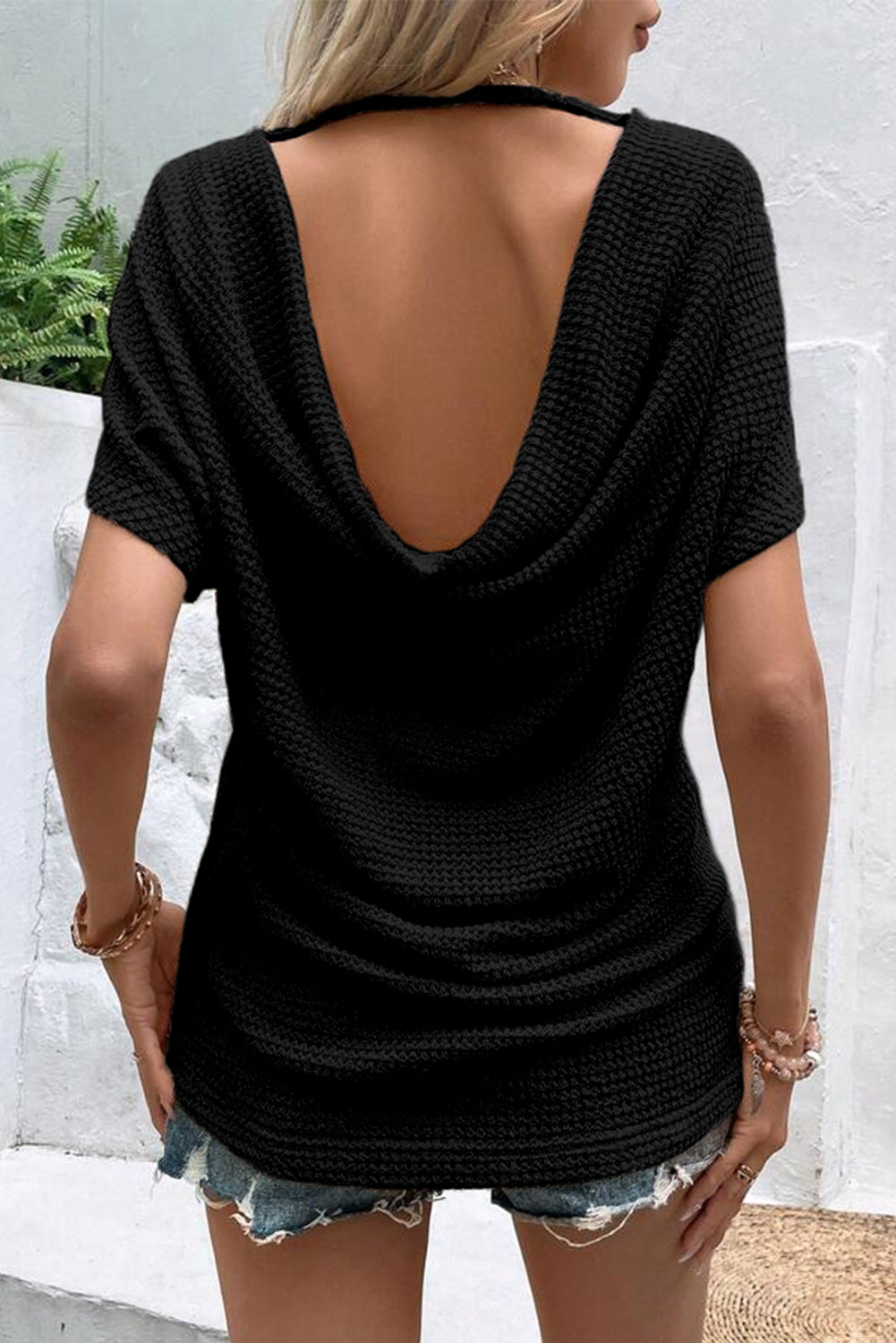 Black Draped open backed textured Tee