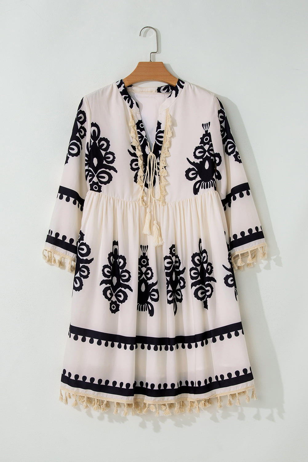 Beige Western Pattern Print tasseled notch V neck mini dress