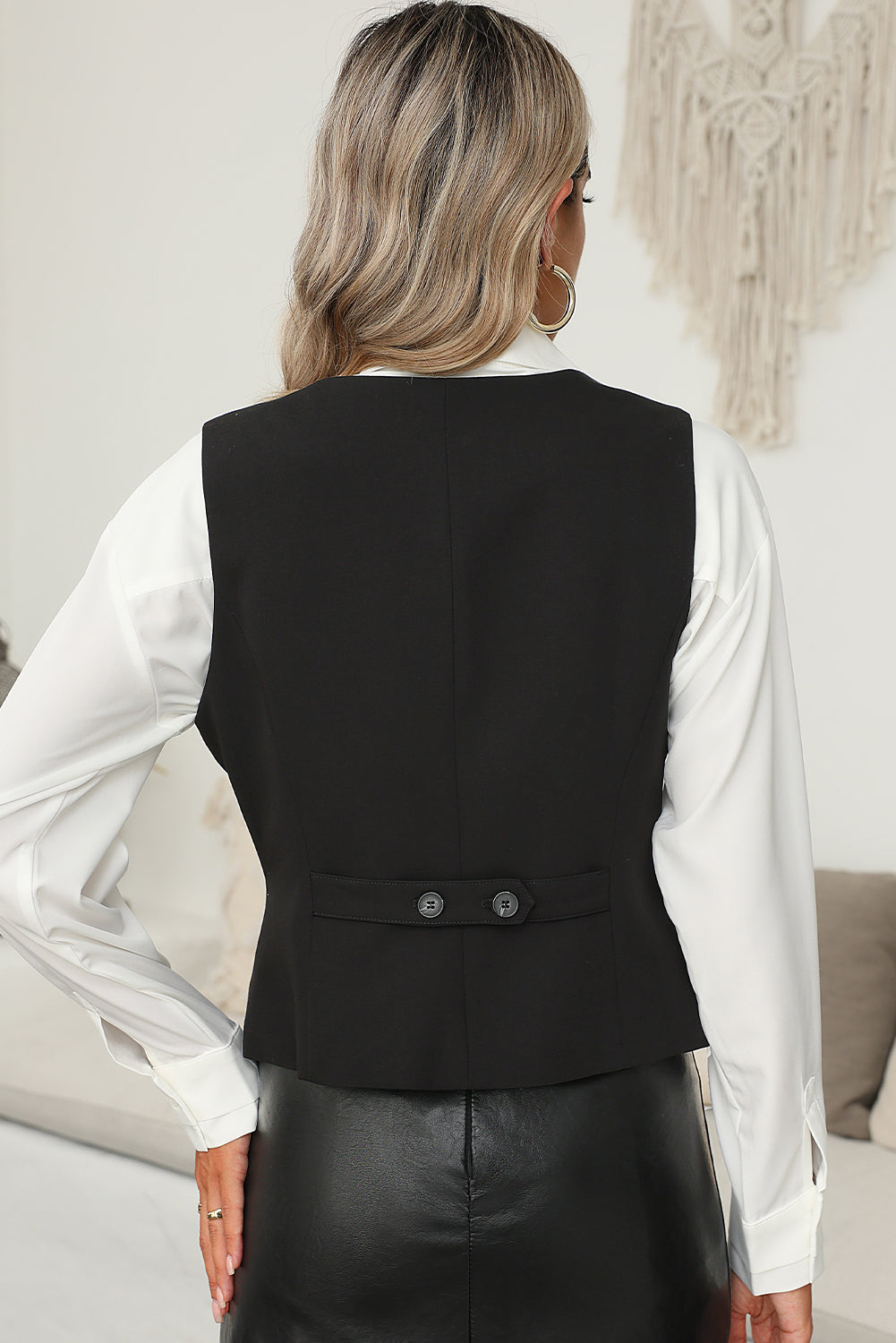 Black Solid color button up V neck suit vest