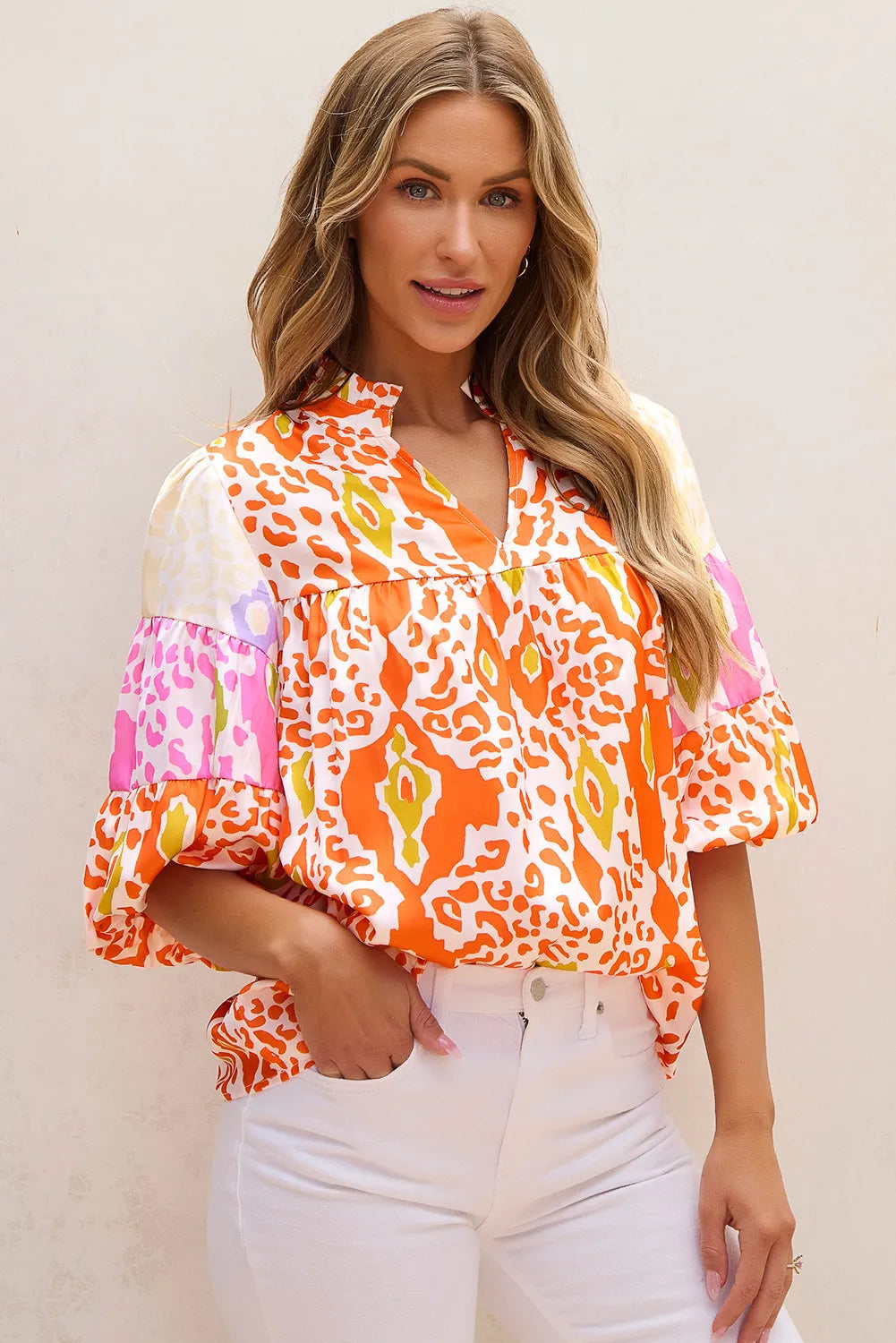 Orange Leopard Color block Puff Sleeve Split Neck Blouse