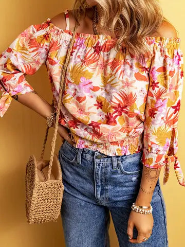 Multicolor Floral Print Shirred Knotted Off Shoulder Blouse