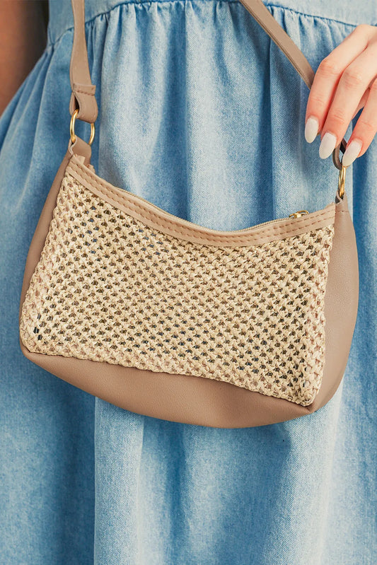 haki Straw Woven PU Leather Patchwork Shoulder Bag