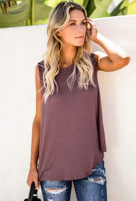 Rust Fiery Red Crew Neck Waffle Tank Top