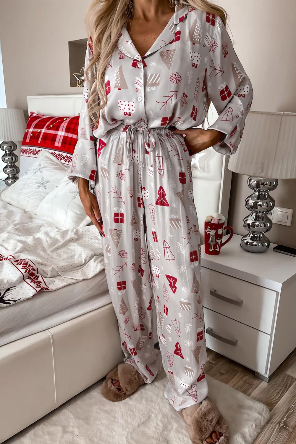LightGray Christmas Printed Shirt and Pants Pajama set