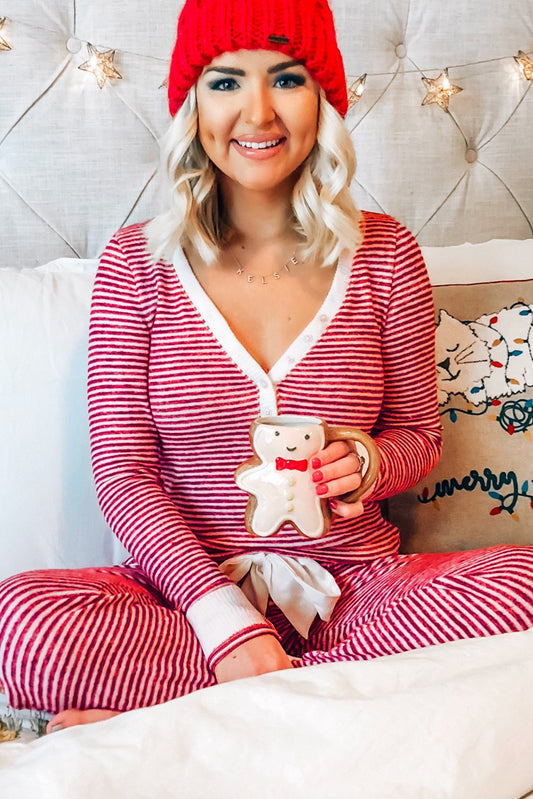Red stripped buttoned V necked top and knotted waist pants lounge set