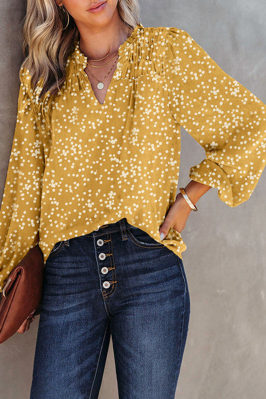 Yellow split neck fall printed crinkled blouse