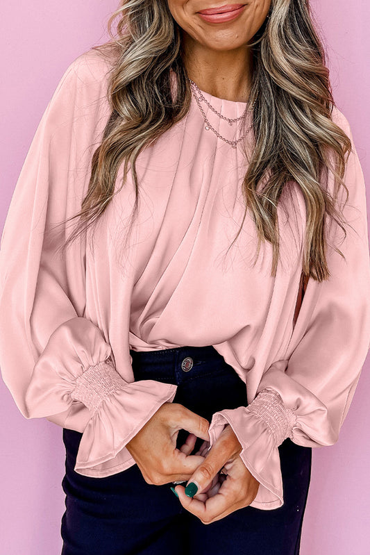 Apricot pink Pleated Round Neck Flounce Sleeve Satin Blouse