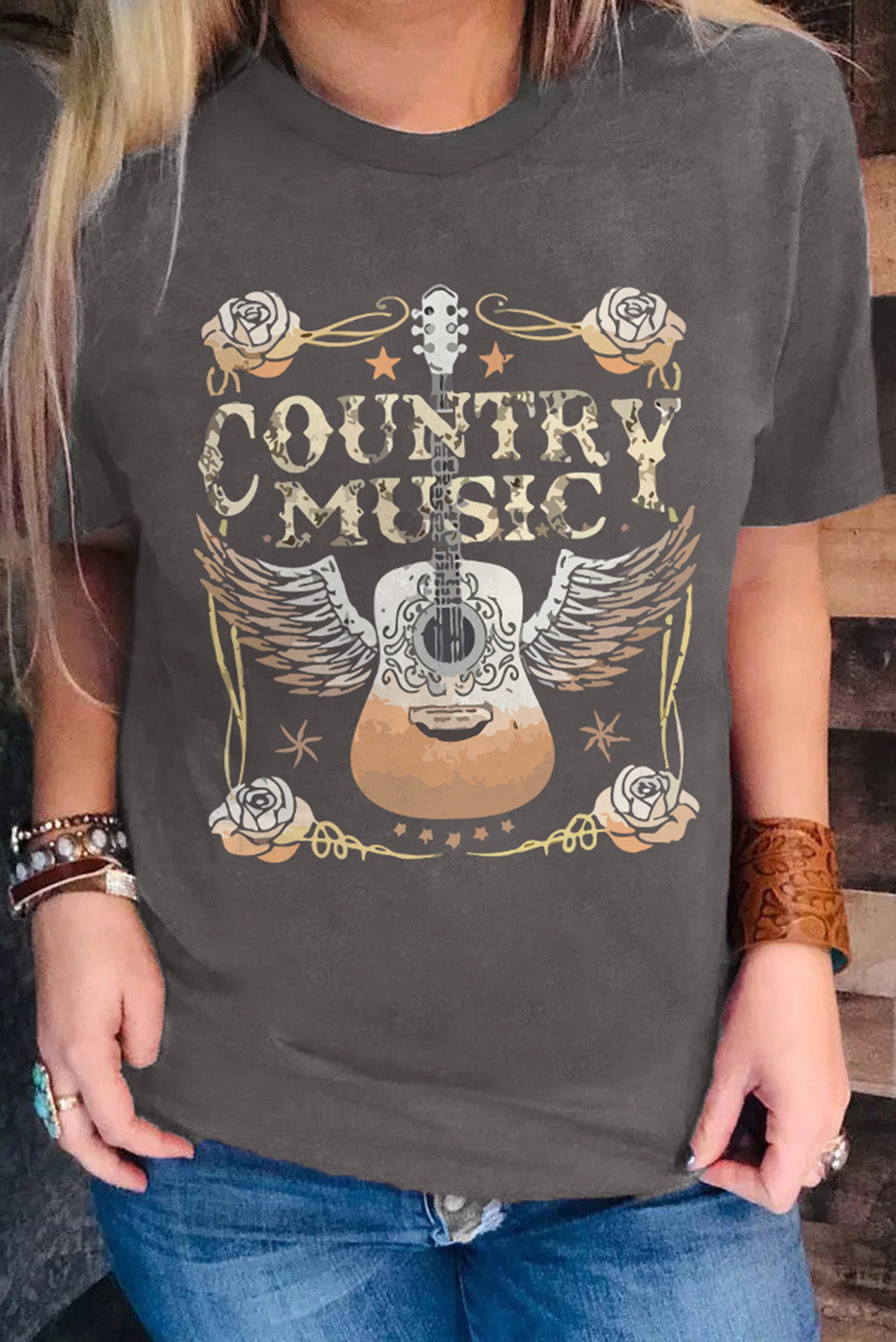 Gray Country Music Guitar Graphic Tee