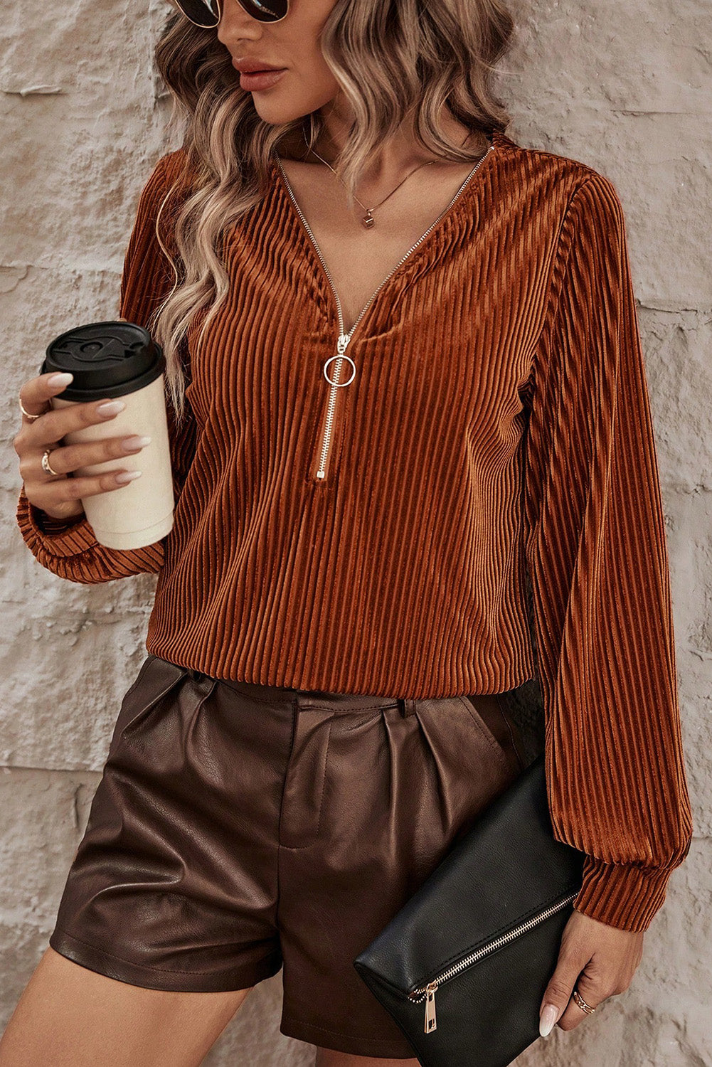 Chestnut half zip V-Neck ribbed velvet top