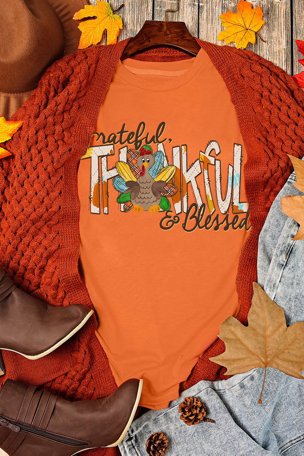 Orange Grateful Thankful Blessed Turkey Graphic Tee