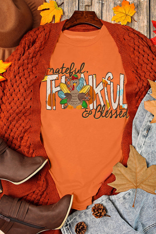 Orange Grateful Thankful Blessed Turkey Graphic Tee