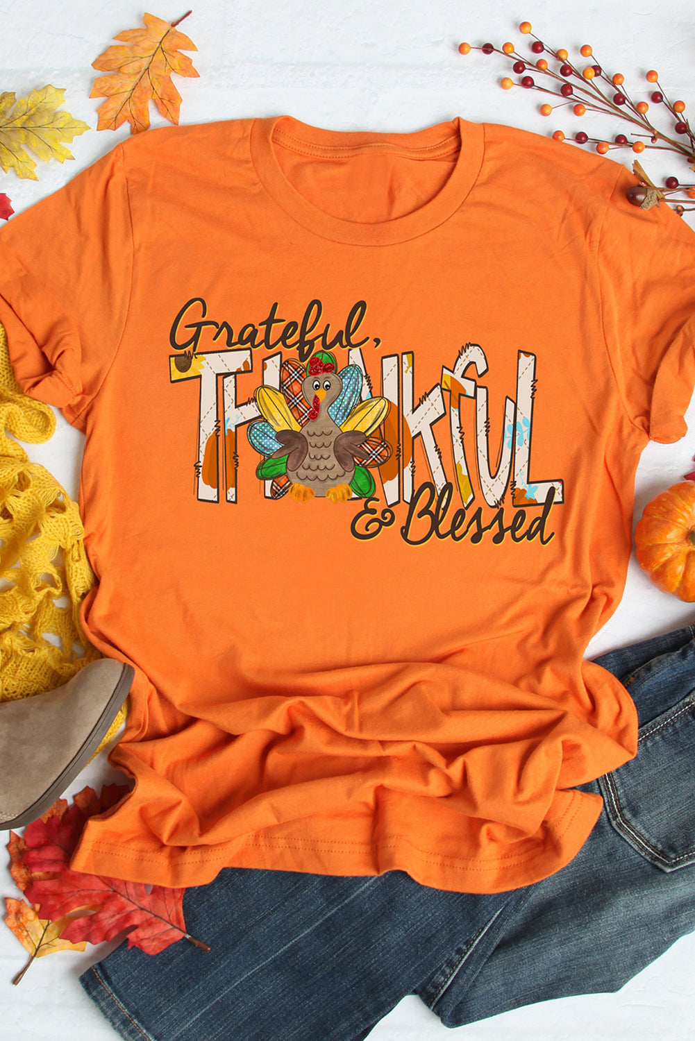 Orange Grateful Thankful Blessed Turkey Graphic Tee