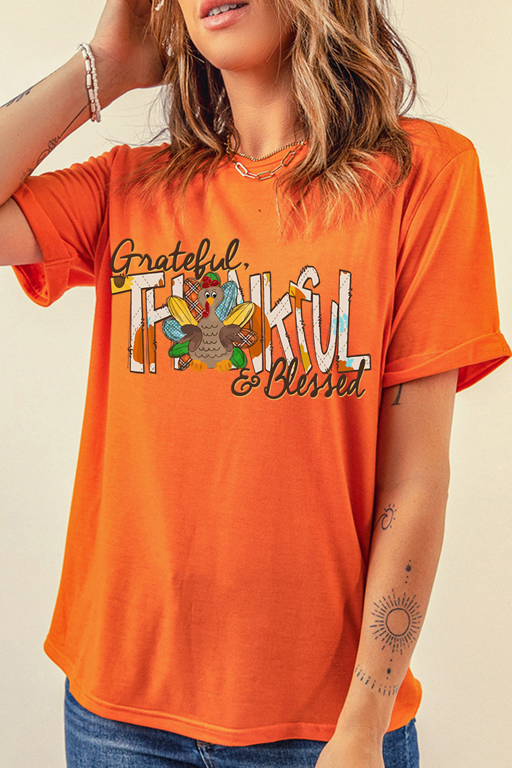Orange Grateful Thankful Blessed Turkey Graphic Tee