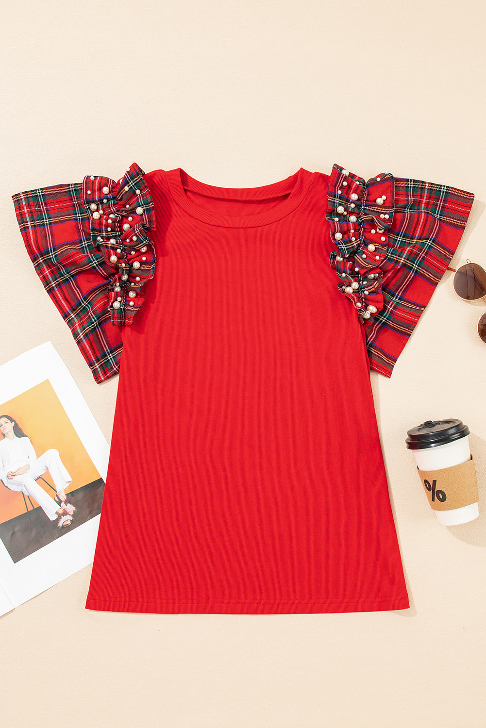 Red plaid pearl ruffle short sleeve detail