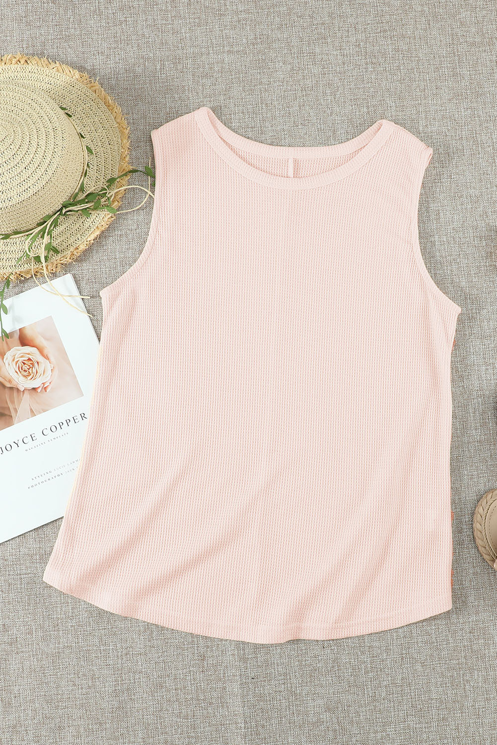 Apricot Pink Crew Neck Waffle Tank Top