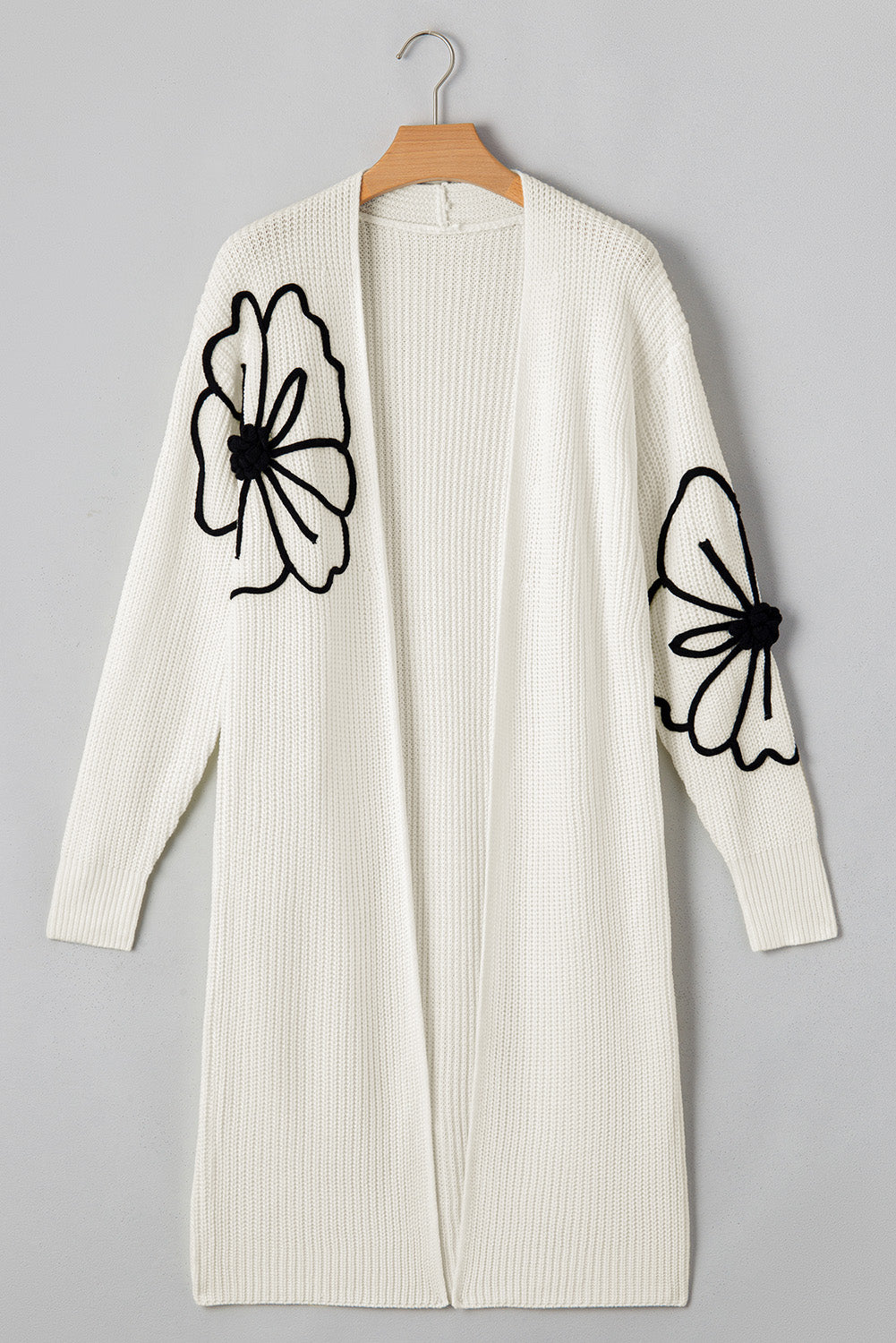 Beige Flower Embroidered Drop Sweater Open Front Duster