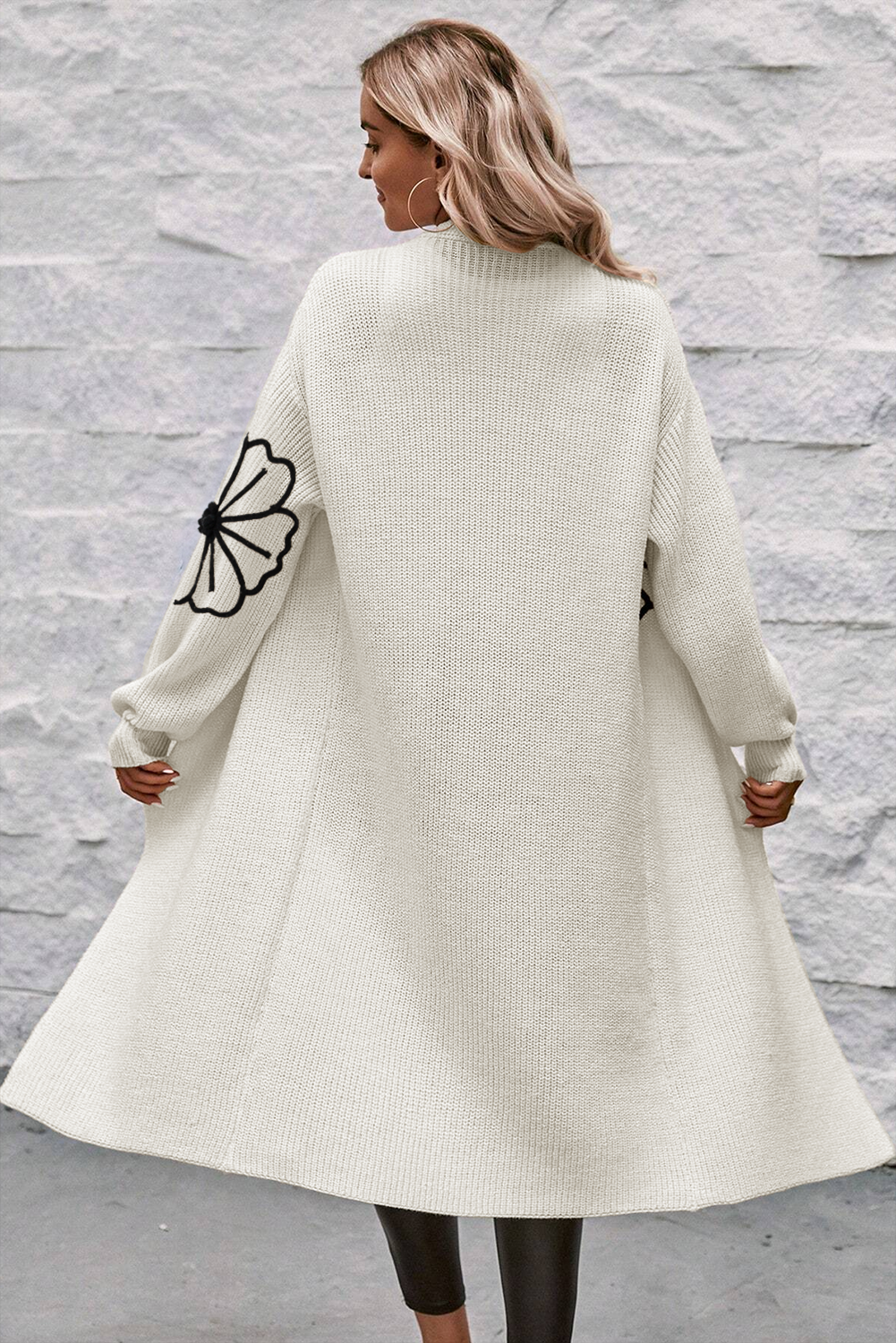 Beige Flower Embroidered Drop Sweater Open Front Duster