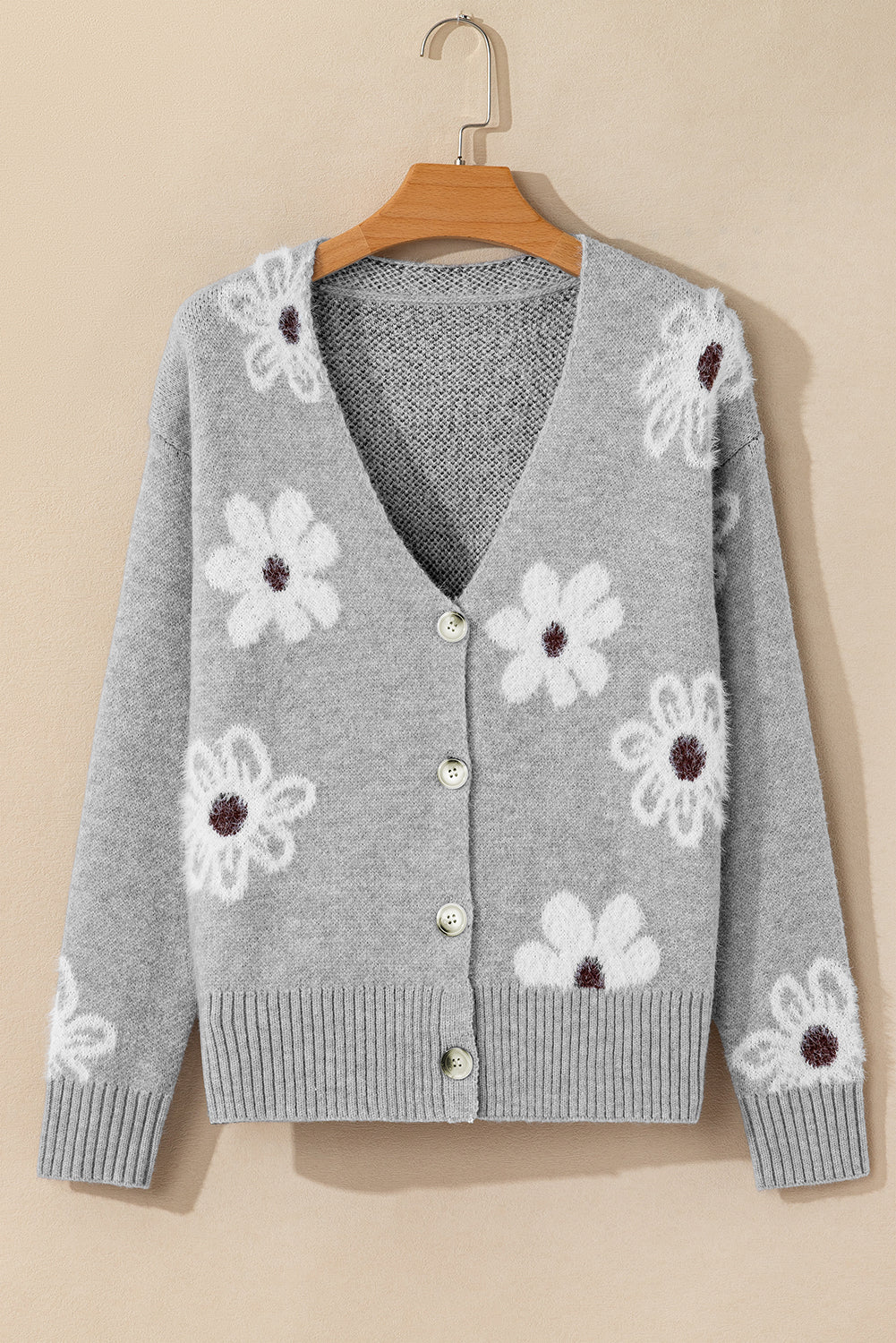 Light Grey Floral Print V Neck Knitted Button Up Cardigan