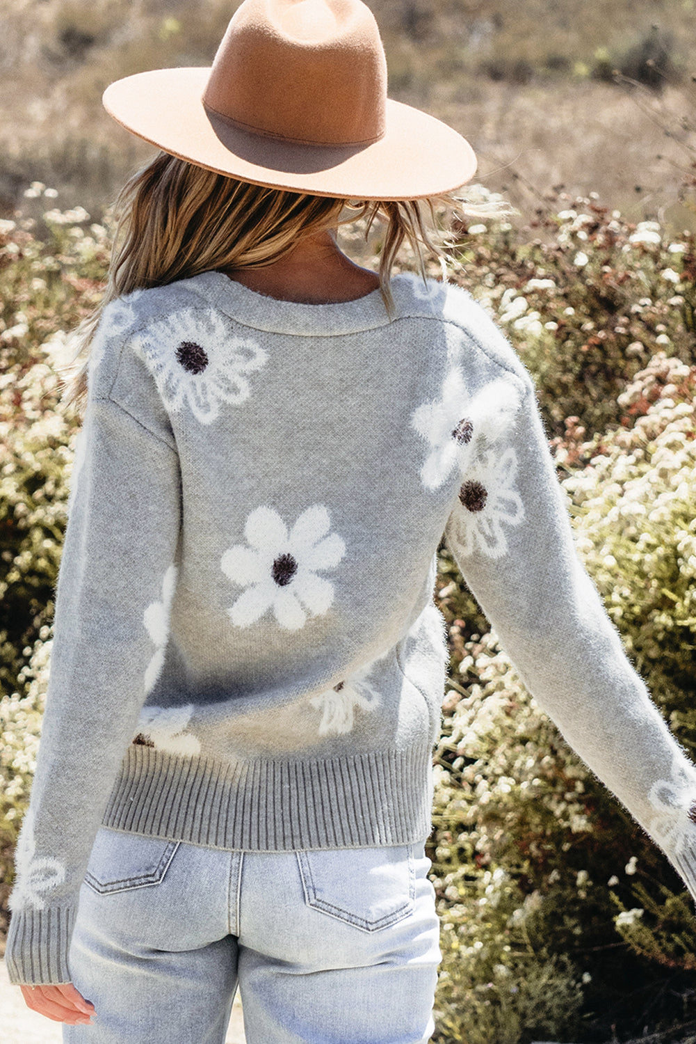 Light Grey Floral Print V Neck Knitted Button Up Cardigan