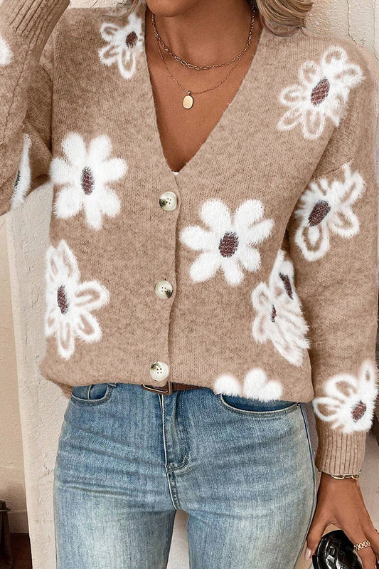 Smoke Gray Floral print V necked knitted button up cardigan