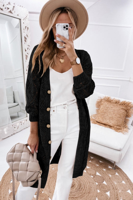Black Hollow-Out openwork knit cardigan