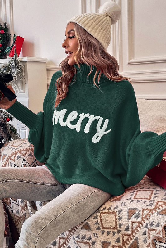 Dark Green Merry letter embroidered high neck sweater