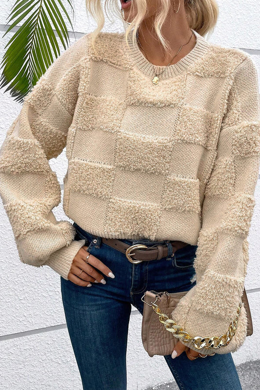 Parchment Checkered Shepra Crew Neck loose Sweater