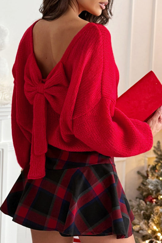 Open back detail soft red sweater, long sleeve