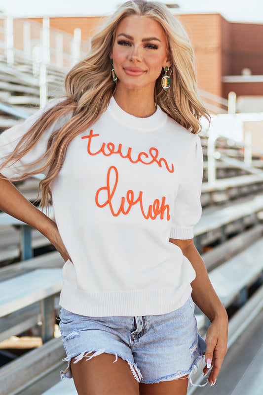 White Touchdown tinsel puff short sleeve crew neck sweater