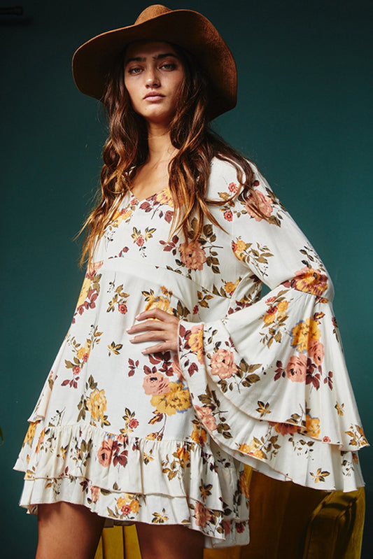 White Printed Floral printed layered sleeve mini dress