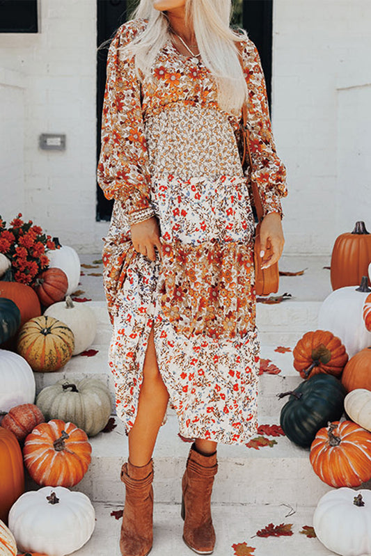 Khaki Floral print ruffled tiered long sleeve V neck dress