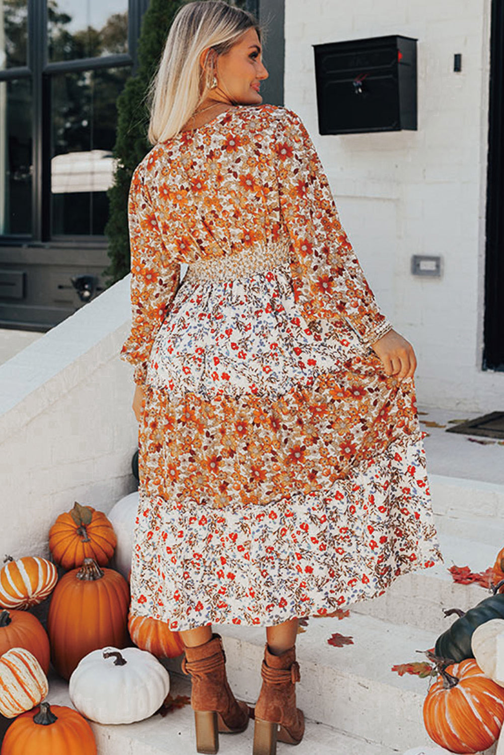 Khaki Floral print ruffled tiered long sleeve V neck dress