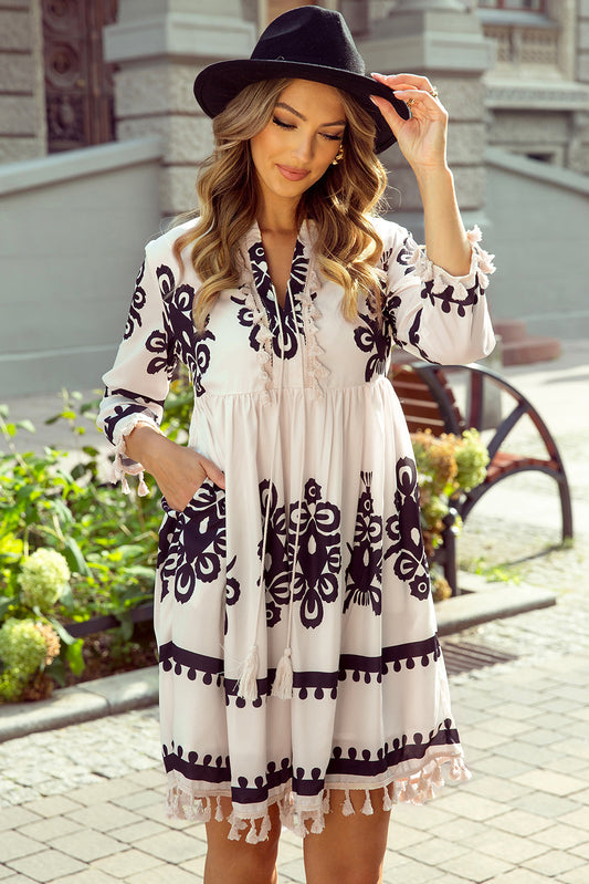 Beige Western Pattern Print tasseled notch V neck mini dress