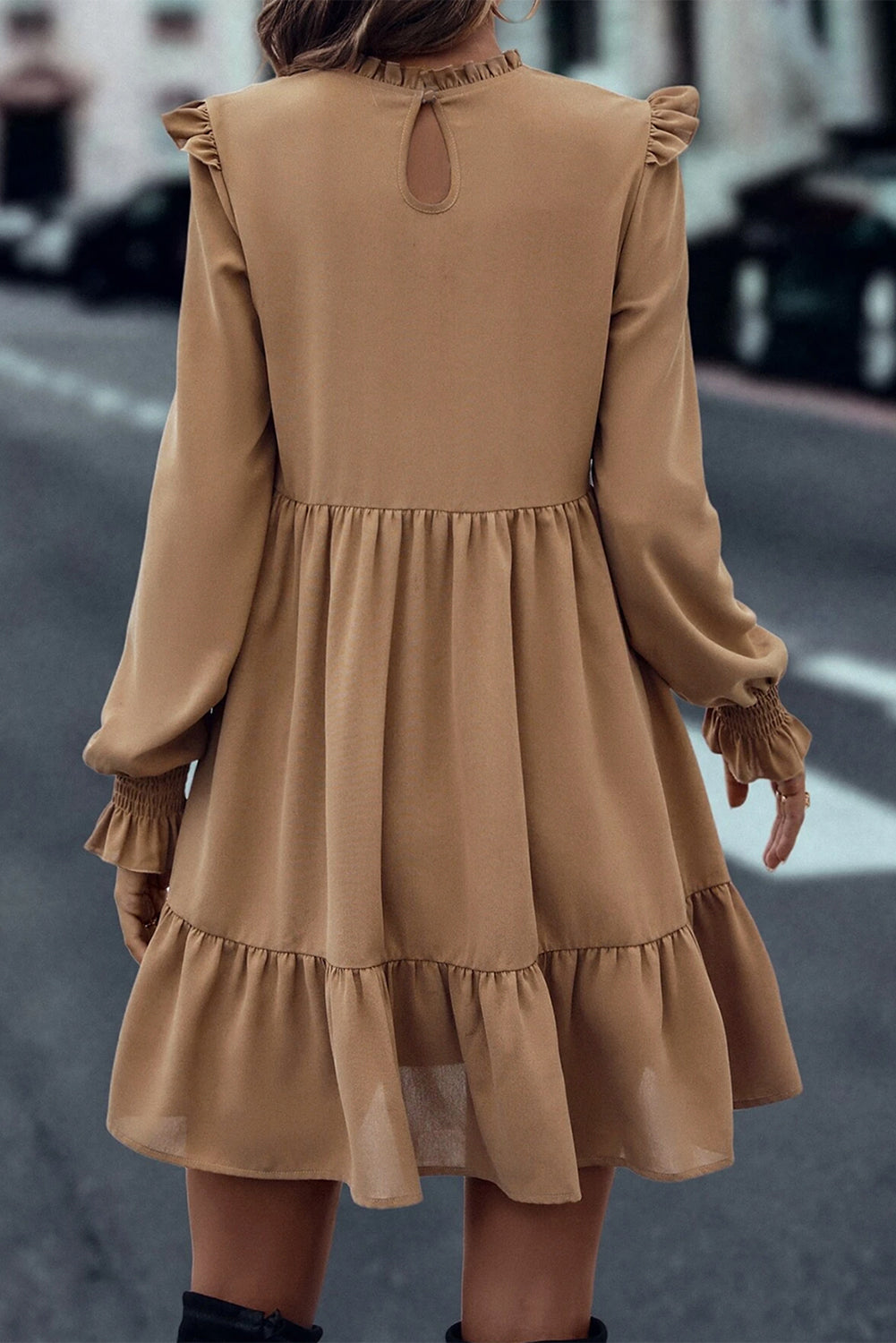 Light French Beige frilled collar ruffled shoulder tiered dress