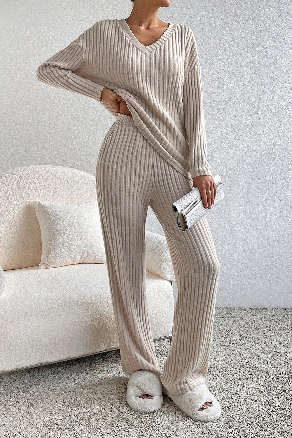 Khaki Ribbed knit V neck slouchy two-piece outfit