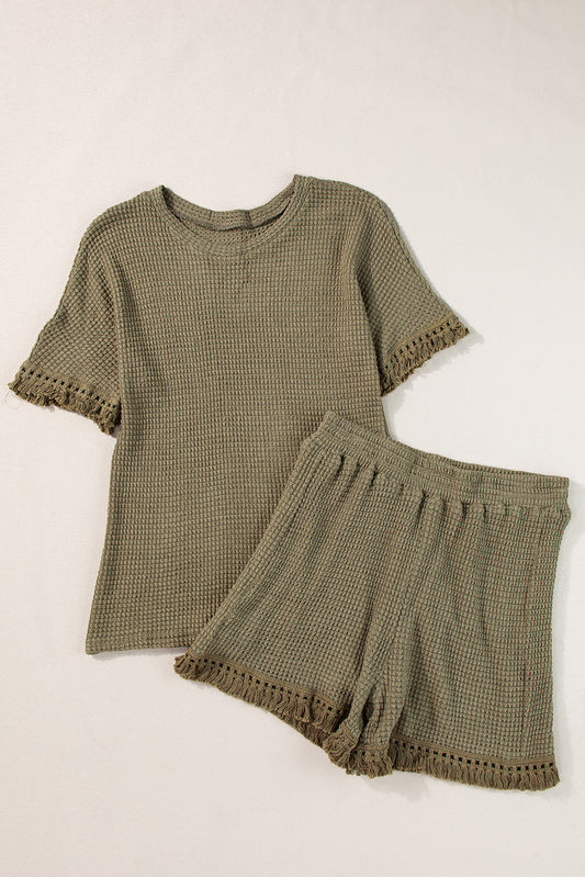 Laurel Green Fringe trim textured short two piece set