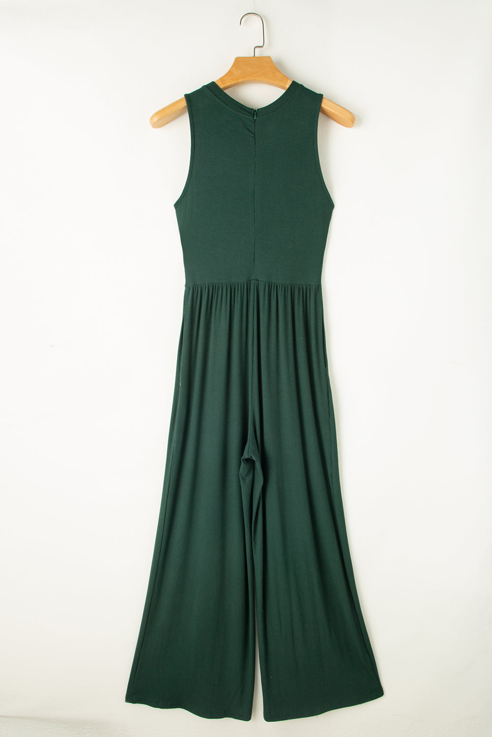Dark green cinched waist sleeveless wide leg jumpsuit