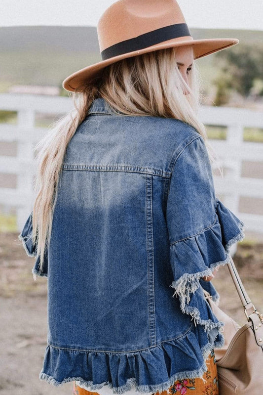 Peacock blue Raw edge ruffled short sleeve denim jacket