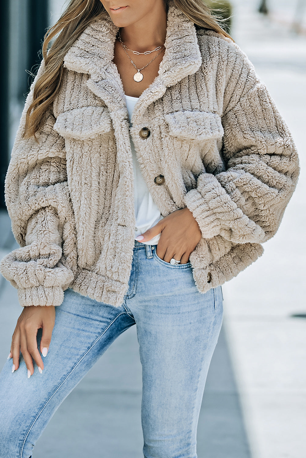 Khaki solid color plush fleece button up jacket