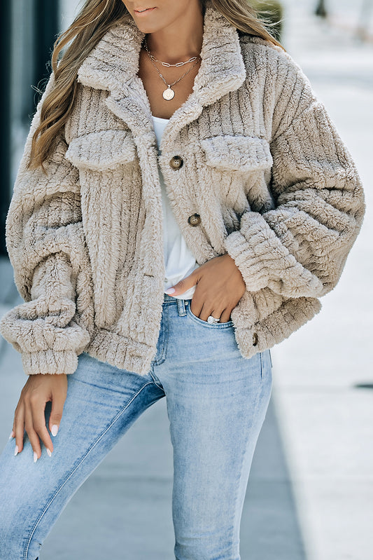 Khaki solid color plush fleece button up jacket