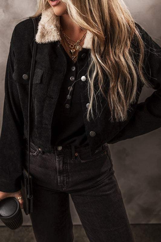 Black Fleece lined button up collard corduroy crop jacket