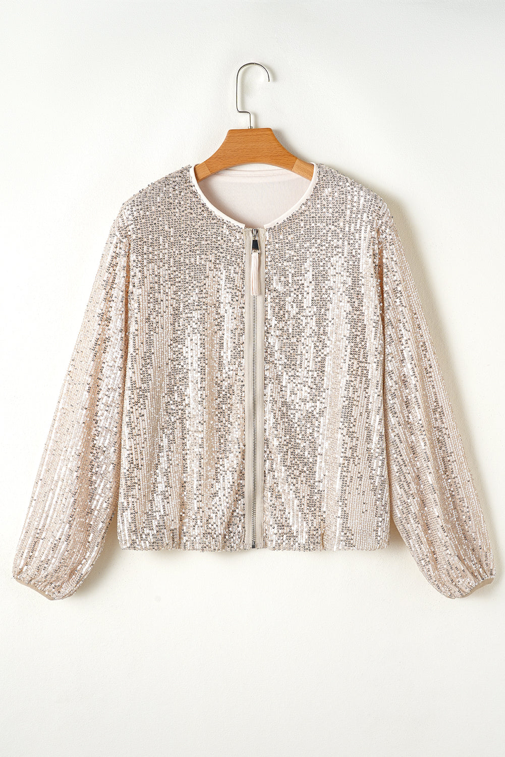 Apricot cream Sequin Zip Up Round Neck Long Sleeve Jacket