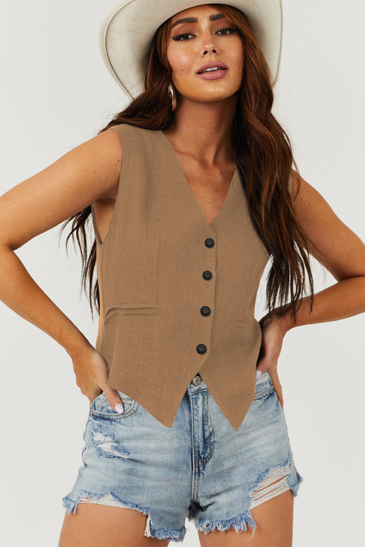 Chestnut Solid color button up V neck vest suit vest