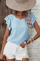 Mist Blue Solid Color Ruffled Short Sleeve Casual Blouse