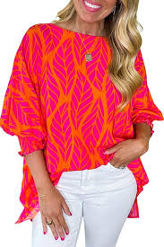 Rose Tropical Leaf Print Smocked Puff Sleeve Blouse